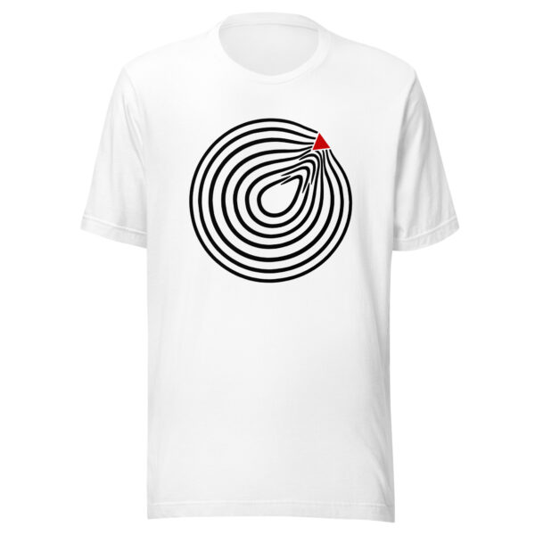 Comfort and Strain lightweight T-shirt by Casual Clash in white featuring circular lines and a red triangle