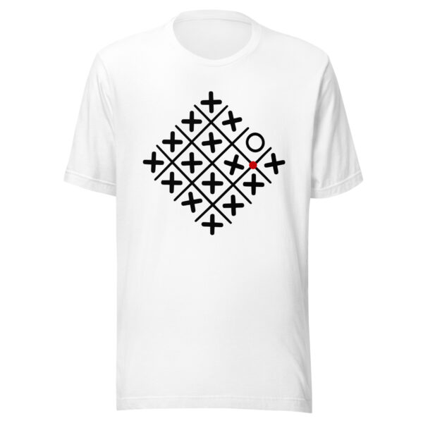Loneliness and Belonging lightweight T-shirt by Casual Clash in white featuring a diamond grid of crosses, one circle, and a red circle