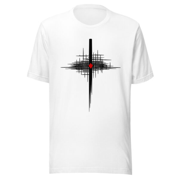Faith and Doubt lightweight T-shirt by Casual Clash in white featuring intersecting lines and a red diamond