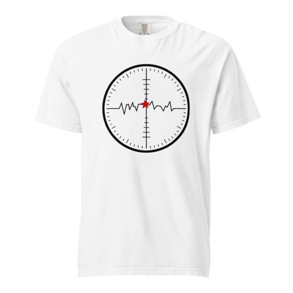 Focus and Drift heavyweight T-shirt by Casual Clash in white featuring a circular field with directional markers, a fluctuating line, and a red star