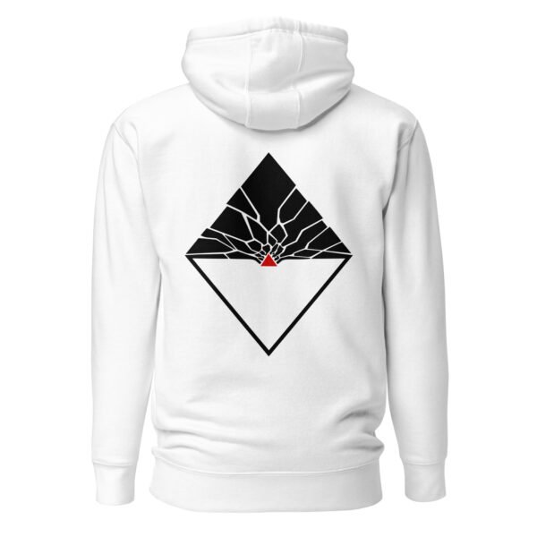 Fear and Courage pullover hoodie by Casual Clash in white featuring fragmented and inverted triangles with a red triangle, back view
