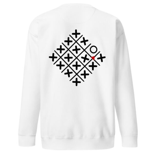 Loneliness and Belonging sweatshirt by Casual Clash in white featuring a diamond grid of crosses, one circle, and a red triangle, back view
