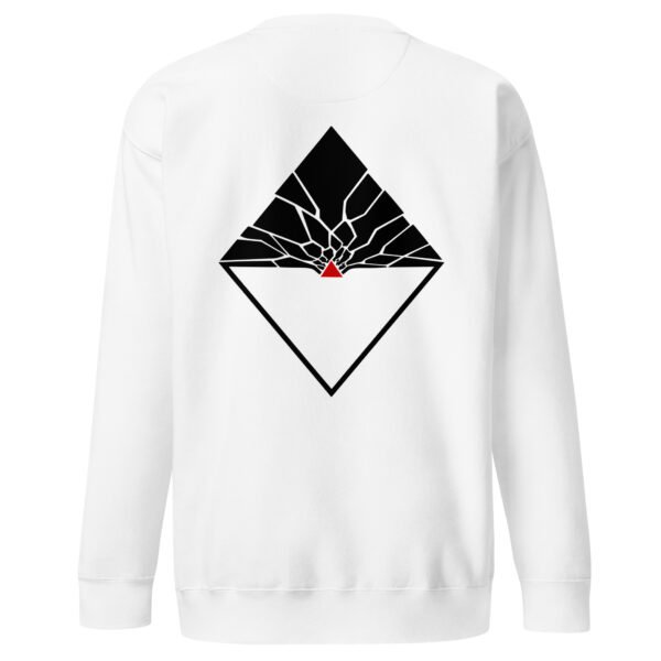 Fear and Courage sweatshirt by Casual Clash in white featuring fragmented and inverted triangles with a red triangle, back view