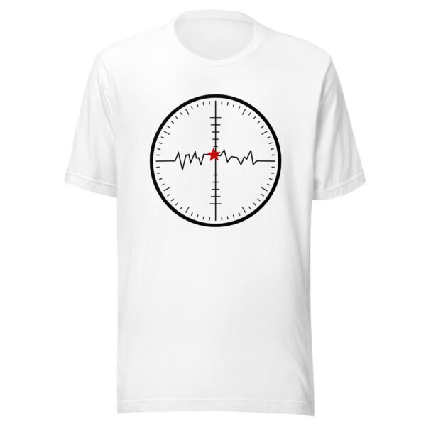 Focus and Drift lightweight T-shirt by Casual Clash in white featuring a circular field with directional markers, a fluctuating line, and a red star