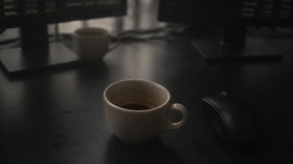 Espresso cups remaining on an office desk between computer monitors