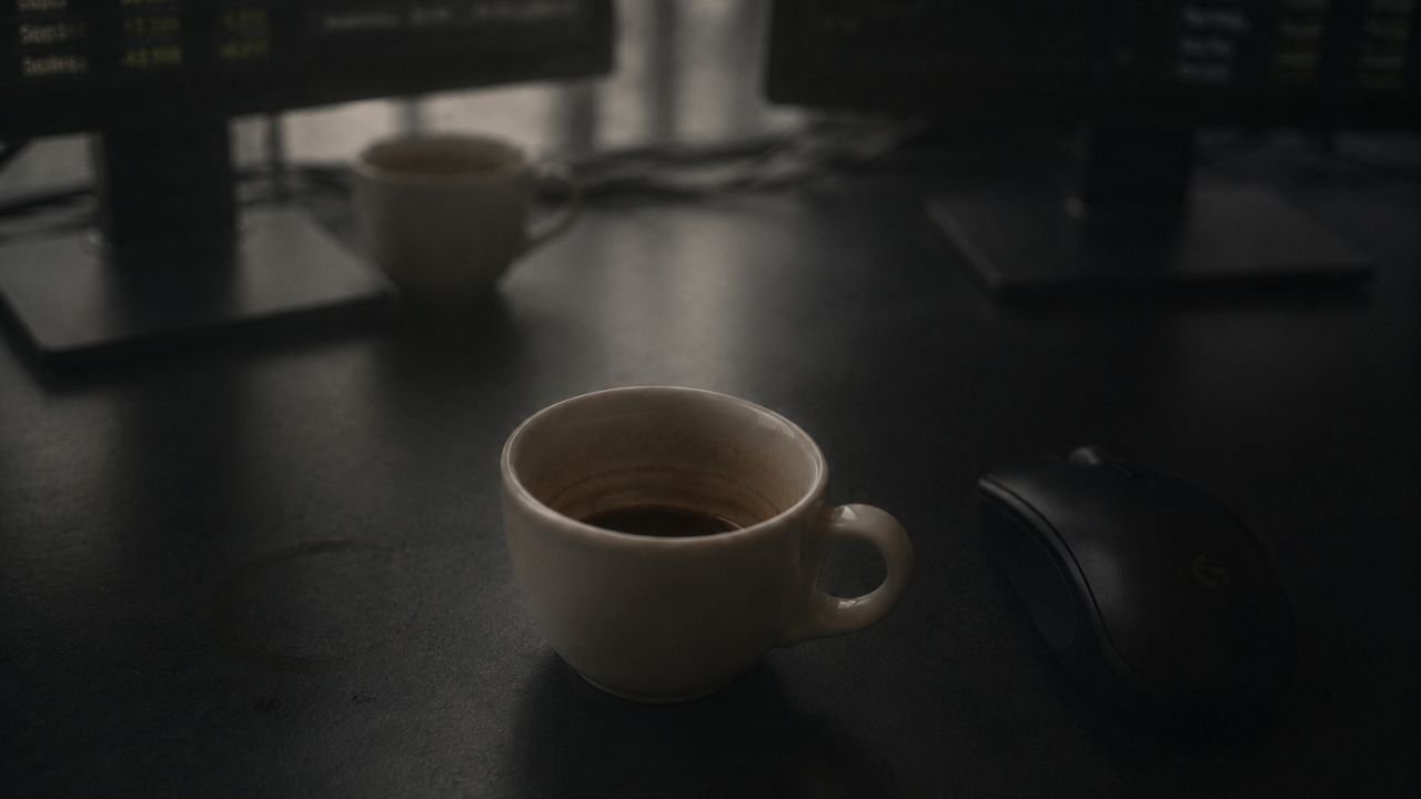 Espresso cups remaining on an office desk between computer monitors