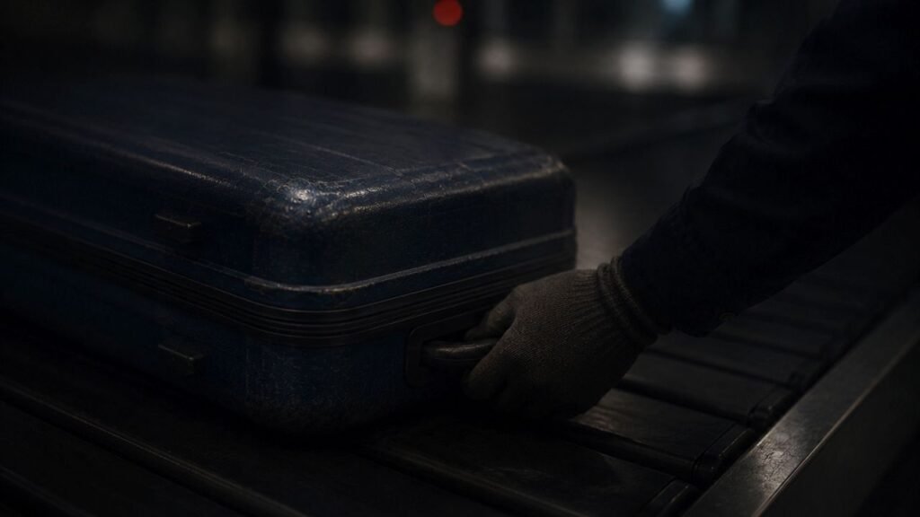 A gloved hand grips the handle of a blue hard-shell suitcase as it moves along an airport baggage conveyor belt