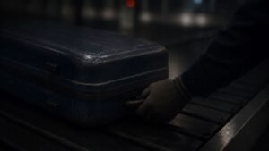 A gloved hand grips the handle of a blue hard-shell suitcase as it moves along an airport baggage conveyor belt