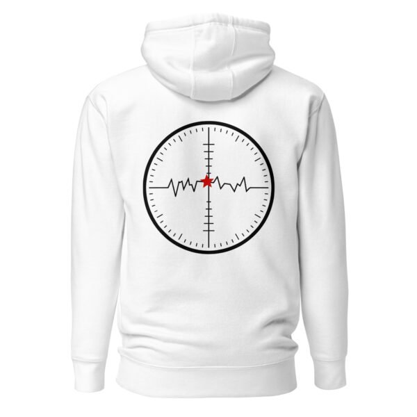Focus and Drift pullover hoodie by Casual Clash in white featuring a circular field with directional markers, a fluctuating line, and a red star, back view