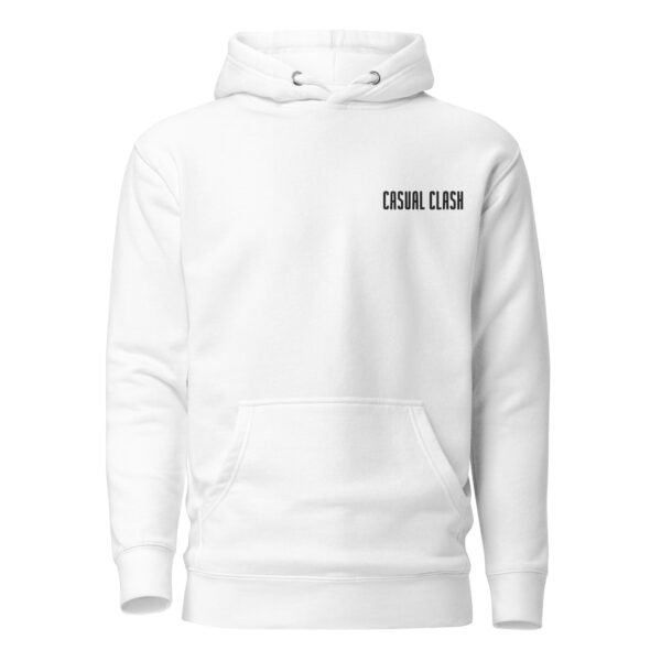 Focus and Drift pullover hoodie by Casual Clash in white featuring a small logo, front view