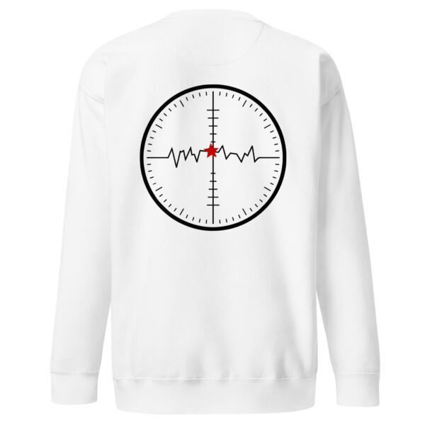Focus and Drift sweatshirt by Casual Clash in white featuring a circular field with directional markers, a fluctuating line, and a red star, back view