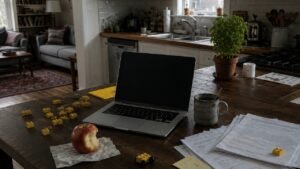Laptop, work papers, building bricks, a bitten apple and a mug sharing a wooden kitchen table in late-afternoon light