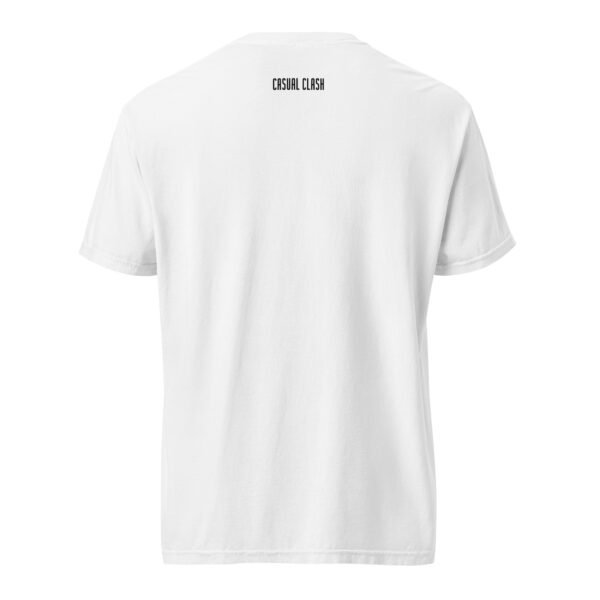 Order and Chaos heavyweight T-shirt by Casual Clash in white featuring a small logo, back view