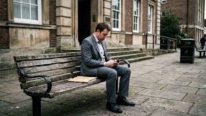 A man in a grey suit sits on a wooden bench, looking at his phone, with a manila folder beside him