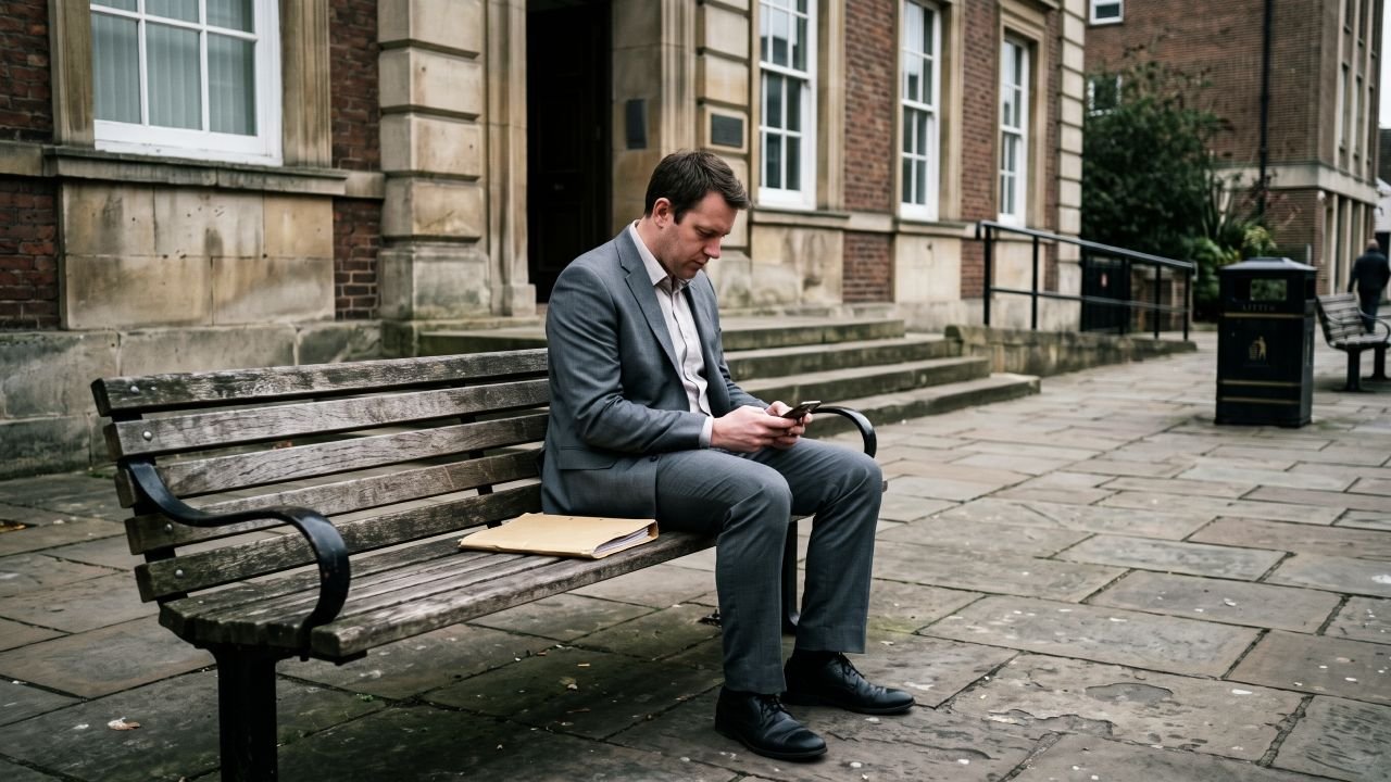 A man in a grey suit sits on a wooden bench, looking at his phone, with a manila folder beside him