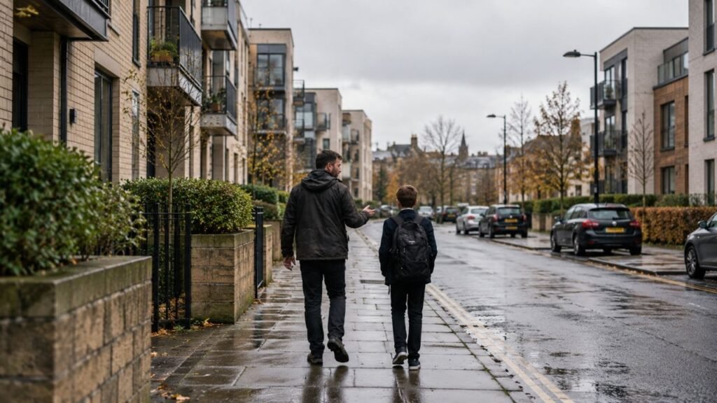 A father and his young son walk along a wet pavement past modern apartment buildings in Edinburgh